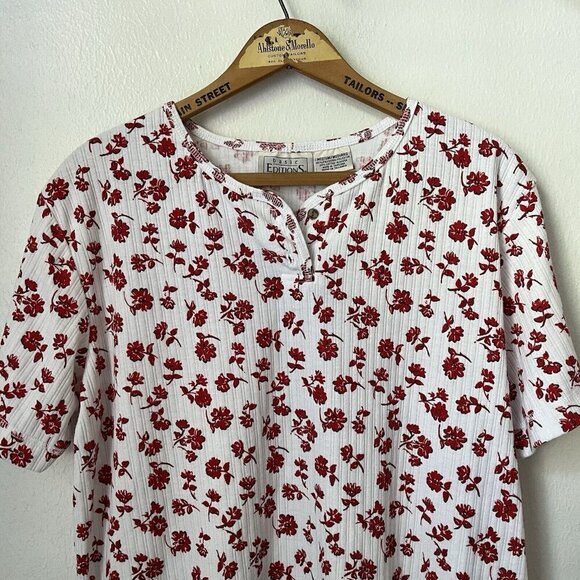 90s Basic Editions red white floral short‎ sleeve ribbed pullover top M - Picture 5 of 5